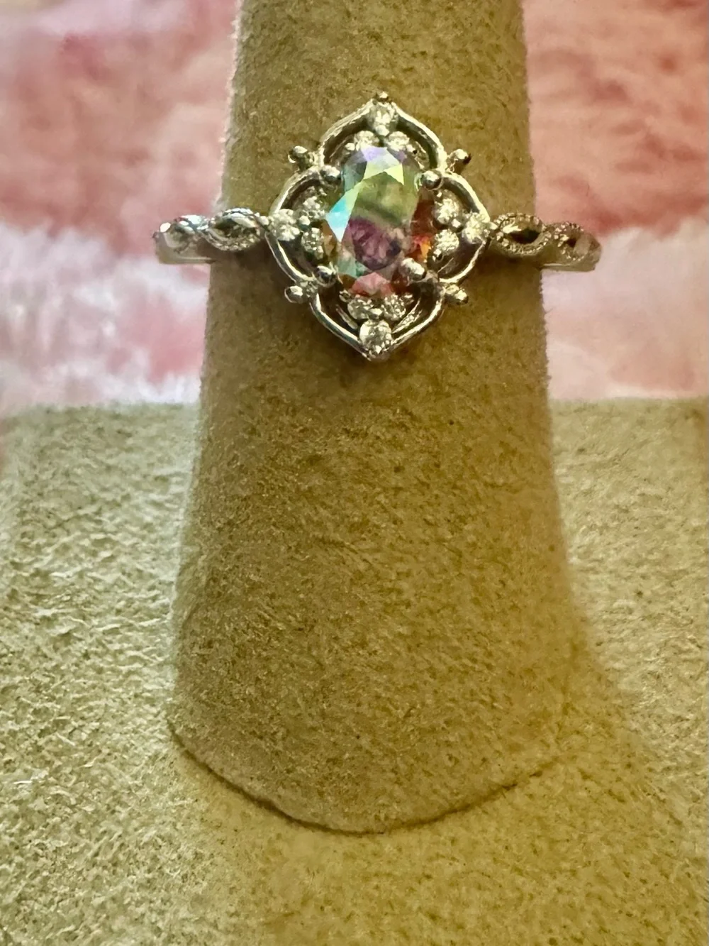 Moissanite Silver Ring with Mystic Oval Stone and Clear Accents - Women Jewelry